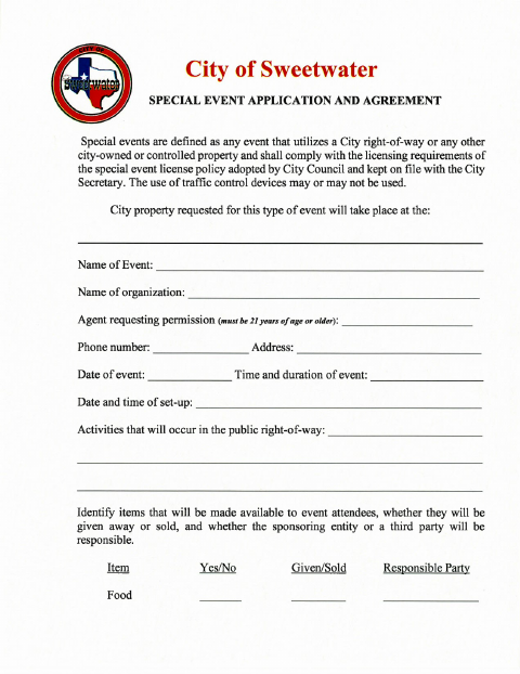 First page of the Special Event Application and Agreement