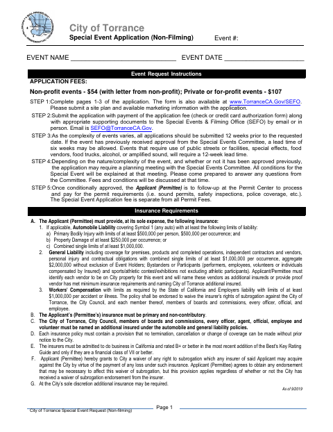 First page of the Special Event Application (Non-Filming)
