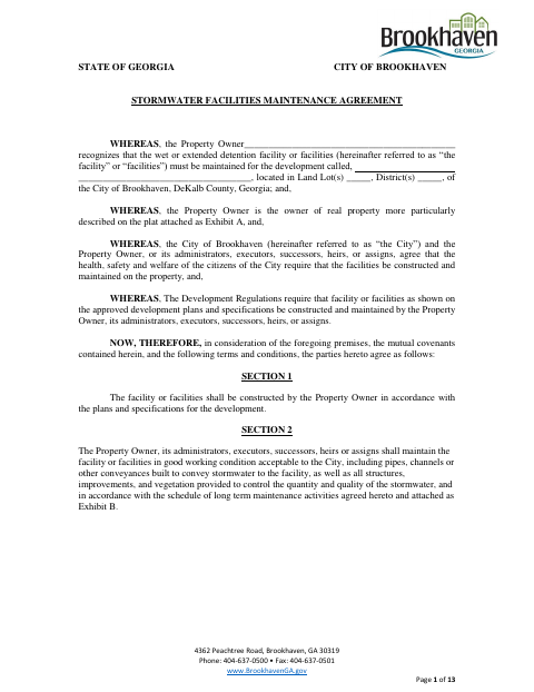 First page of the Stormwater Facilities Maintenance Agreement
