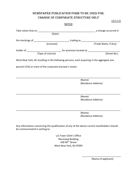 First page of the Newspaper Publication Form for Change of Corporate Structure