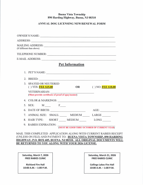 First page of the Annual Dog License Application