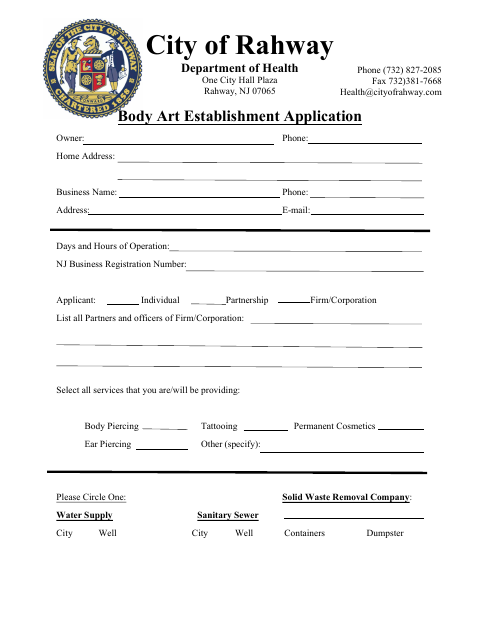 First page of the Body Art Establishment Application