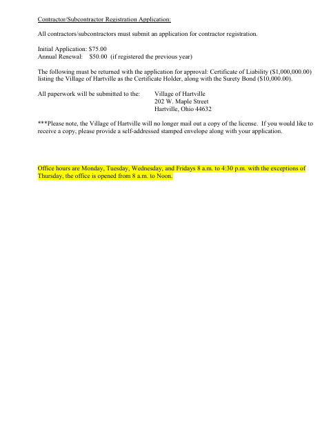 First page of the Contractor/Subcontractor Registration Application