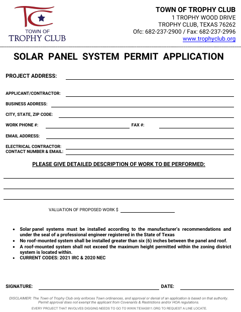 First page of the Solar Panel System Permit Application