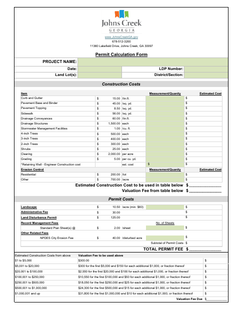 First page of the Permit Calculation Form