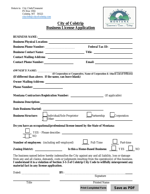 First page of the Business License Application