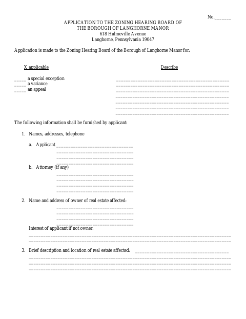 First page of the Application to the Zoning Hearing Board