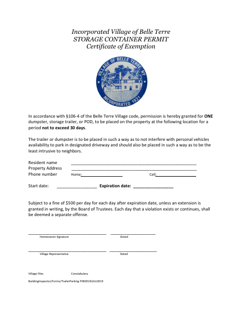 First page of the Storage Container Permit
