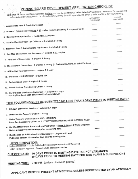 First page of the Zoning Board Development Application Packet