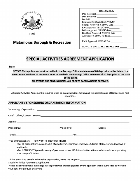 First page of the Special Event Application