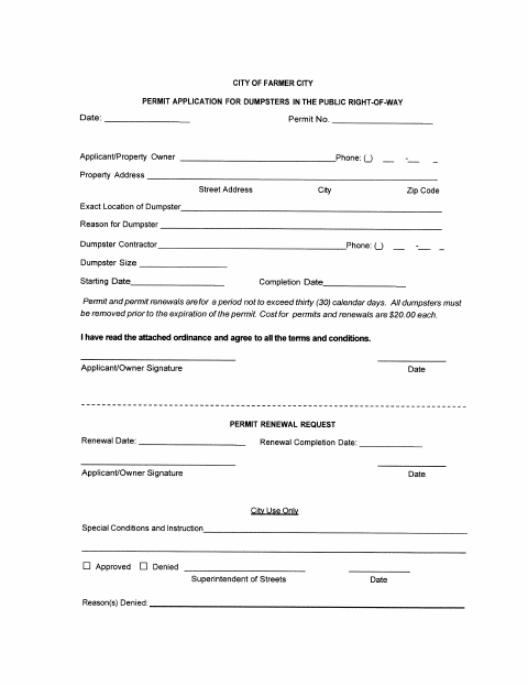 First page of the Dumpster Permit Application
