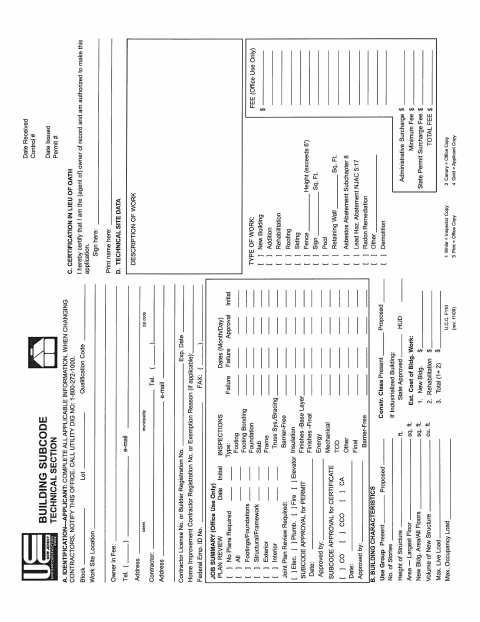 First page of the Building Subcode Application