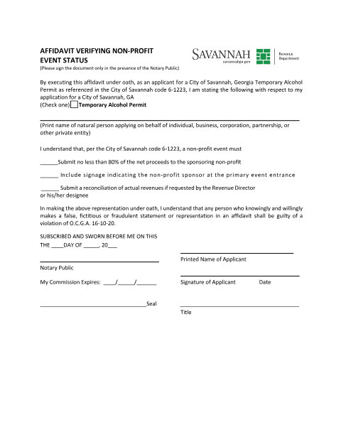First page of the Affidavit for Non-Profits (Temporary Alcohol Permit)