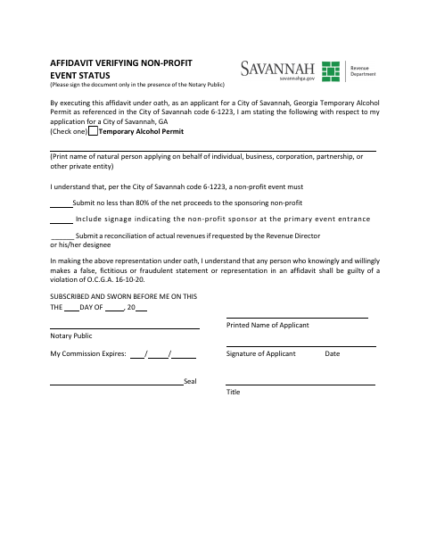 First page of the Affidavit for Non-Profits (Temporary Alcohol Permit)