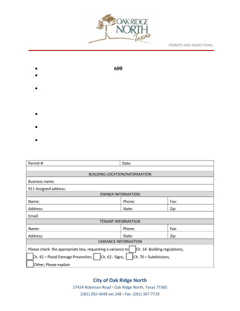 First page of the Variance Permit Application
