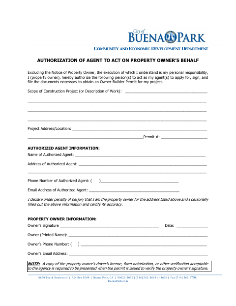 First page of the Authorization of Agent to Act on Property Owner’s Behalf