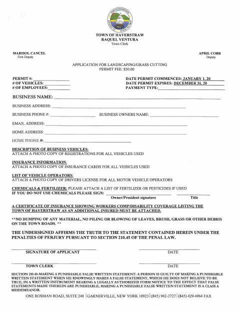 First page of the Landscaping and Grass Cutting Permit Application