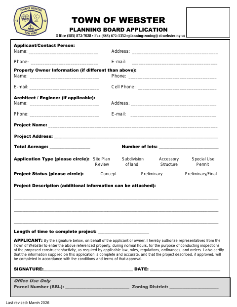 First page of the Planning Board Application