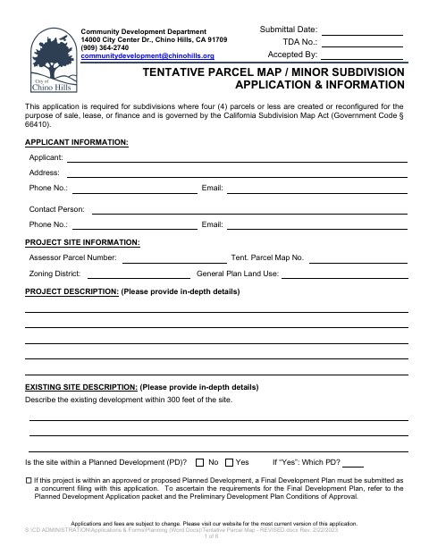 First page of the Tentative Parcel Map (Minor Subdivision) Application and Information