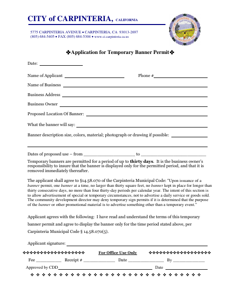 First page of the Application for Temporary Banner Permit