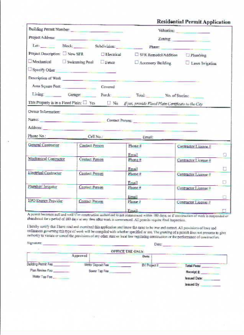 First page of the Residential Building Permit Application