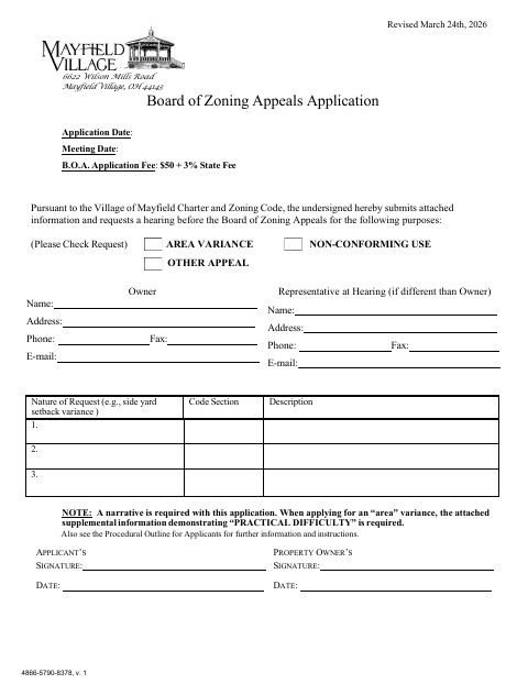 First page of the Board of Zoning Appeals Application