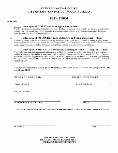 First page of the Municipal Court Plea Form