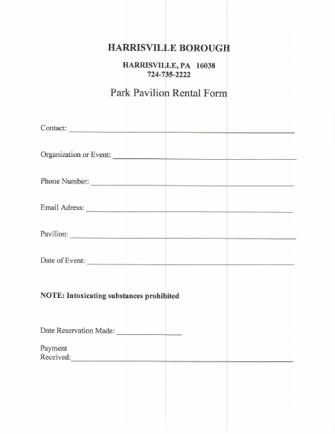 First page of the Park Pavilion Rental Form
