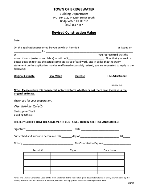 First page of the Revised Construction Value Form
