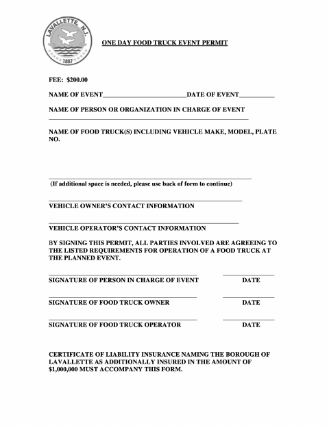 First page of the One Day Food Truck Event Permit