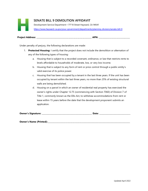 First page of the SB 9 Demolition Affidavit