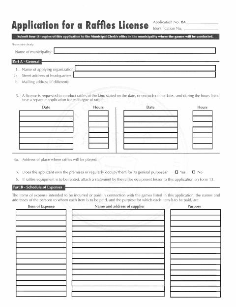 First page of the Raffle License Application