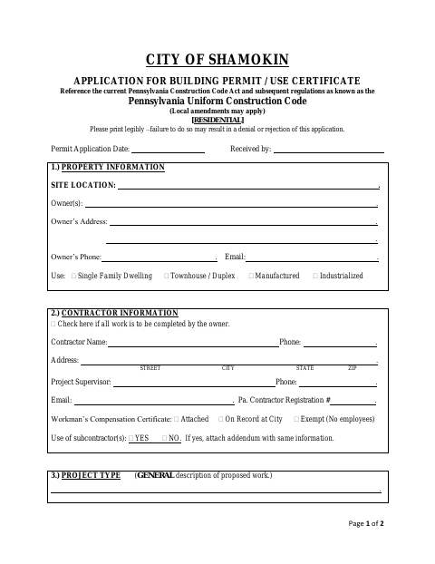 First page of the Application for Building Permit / Use Certificate