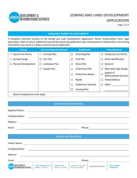 First page of the Zoning and Land Development Application