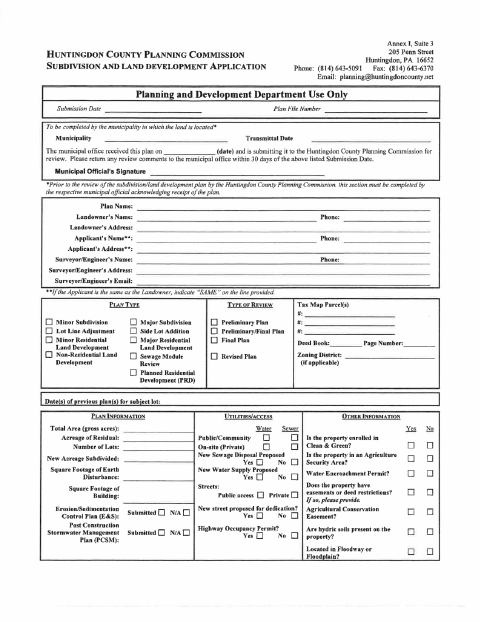 First page of the Subdivision and Land Development Application