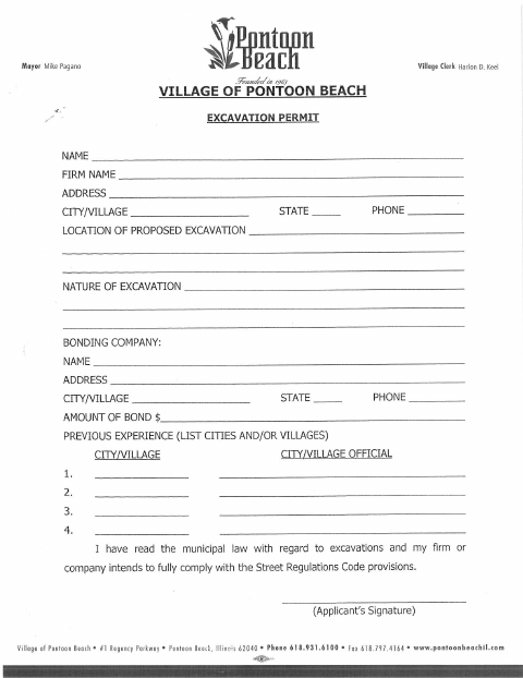 First page of the Excavation Permit