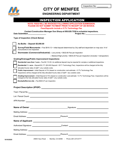 First page of the Inspection Application
