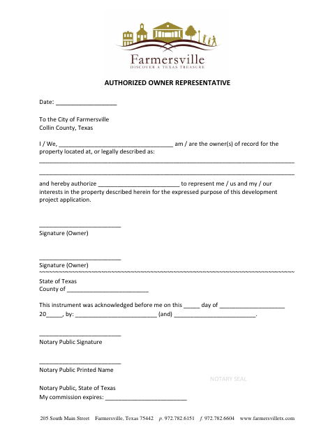 First page of the Authorized Owner Representative Form