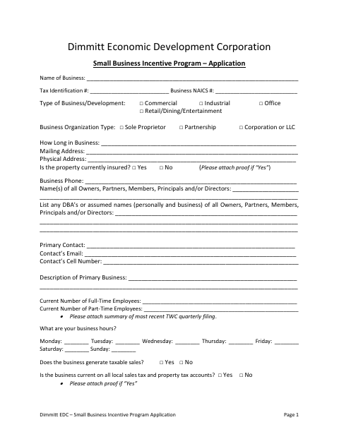 First page of the Small Business Incentive Program Application