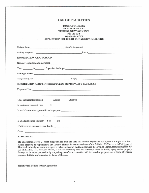 First page of the Community Facility Use Application