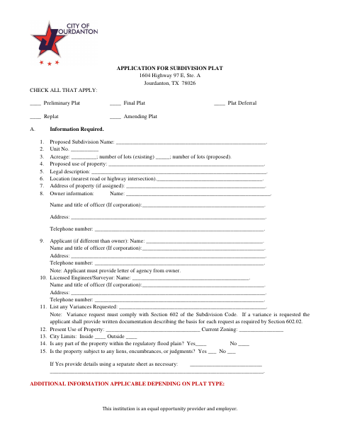 First page of the Application for Subdivision Plat