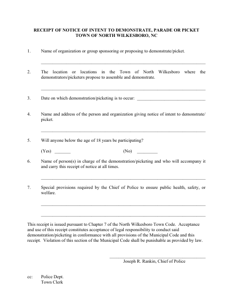 First page of the Receipt of Notice of Intent to Demonstrate, Parade or Picket