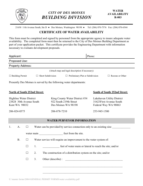 First page of the Certificate of Water Availability