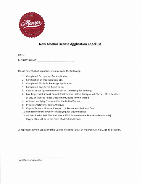First page of the New Alcohol License Application Packet