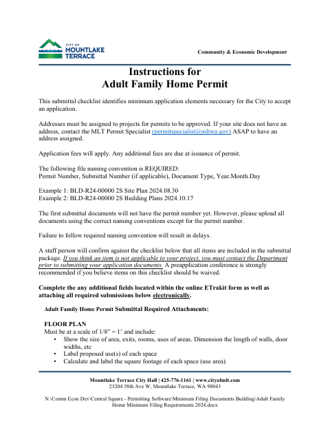 First page of the Adult Family Home Permit Submittal Checklist