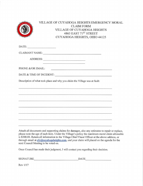 First page of the Emergency Moral Claim Form