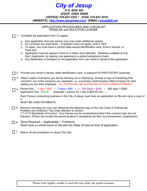 First page of the Peddler and Solicitor License Application