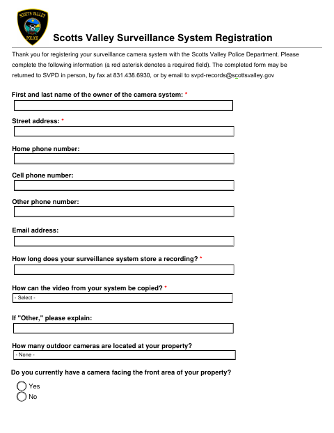 First page of the Surveillance System Registration