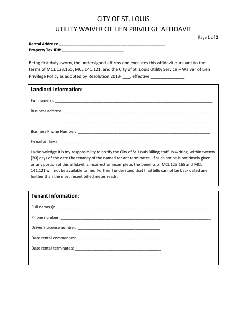 First page of the Utility Waiver of Lien Privilege Affidavit