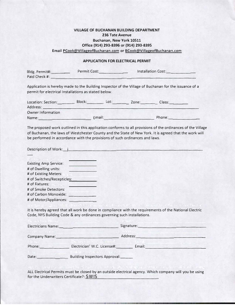 First page of the Application for Electrical Permit